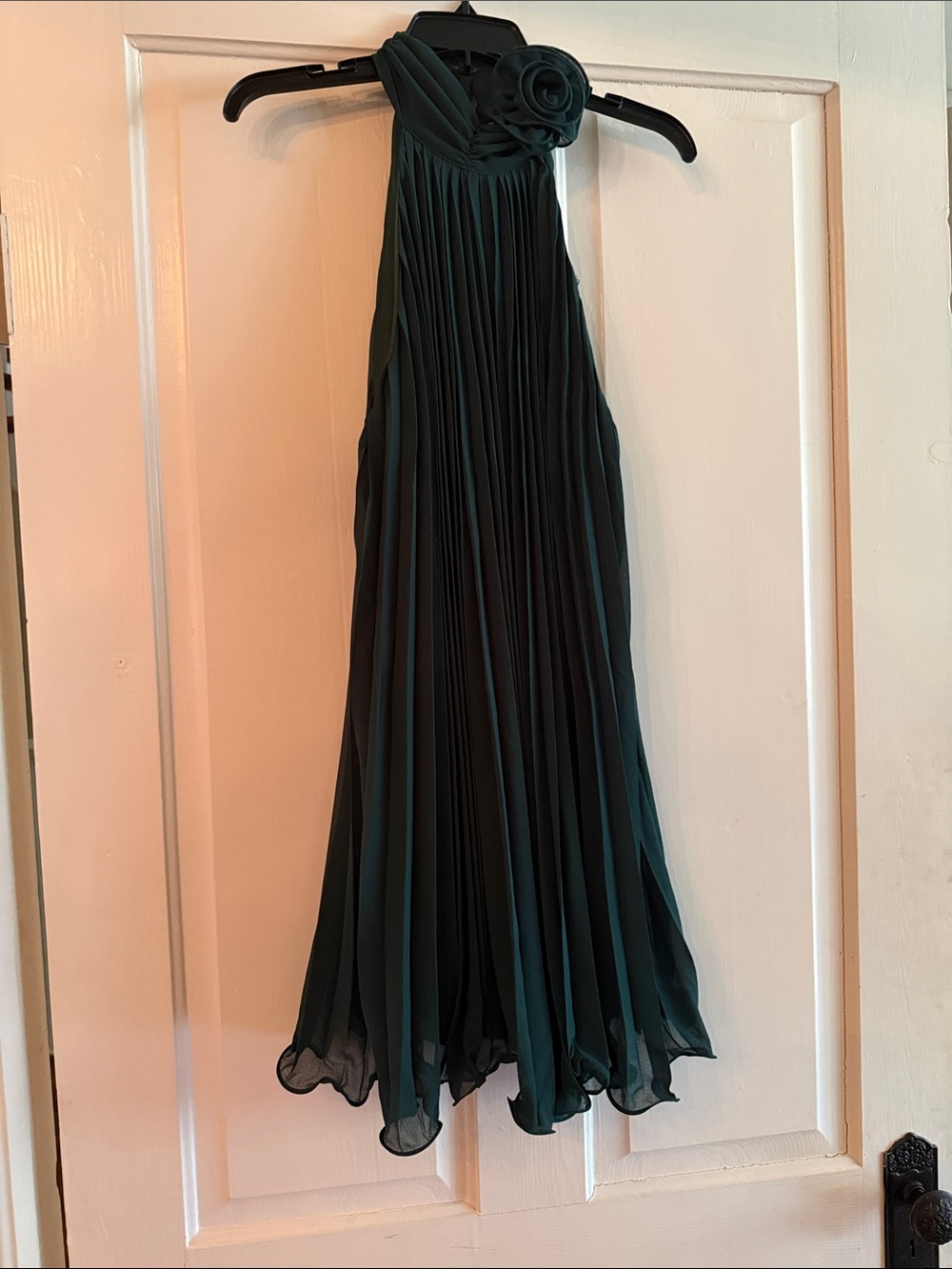 Pleated Never Worn Halter Midi Dress with Rosette Detail - Dark Teal